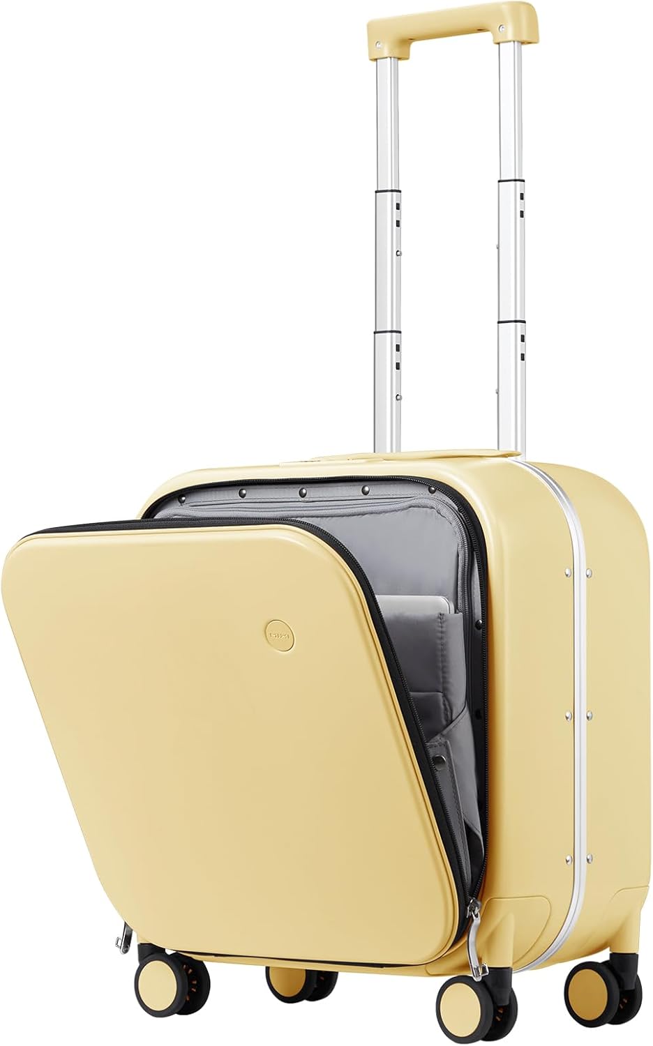 mixi Carry On Luggage, 18” Suitcase with Front Laptop Pocket, Travel Luggage Aluminum Frame PC Hardside with Spinner Wheels & TSA Lock and Cover (Not for Underseat), Lark Yellow
