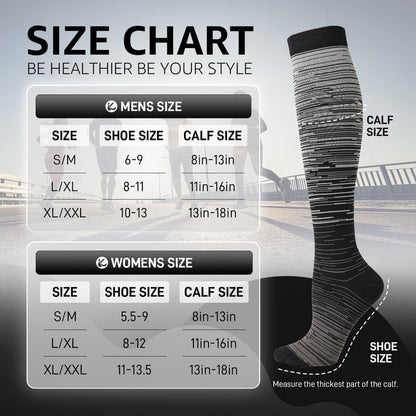 Kickticks 4 Pairs Compression Socks for Woman & Man Unisex 20-30mmHg Knee high Plus Size Wide Calves for Flying Running…