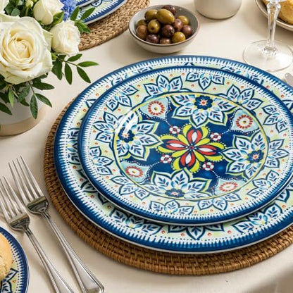 12-Piece Blue Melamine Dinnerware Set, Service for 4, Unbreakable Kitchen Plate and Bowl Set for Indoor & Outdoor Use, Lightweight and Durable, Great for Camping, Picnics, Parties and RVs