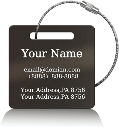 （2-Pack） Stainless Steel Custom Luggage Tags - Laser Engraved Personalized Travel Tags - Custom Name Identification Tags: for Suitcases, Backpacks, Bags and More (Black)