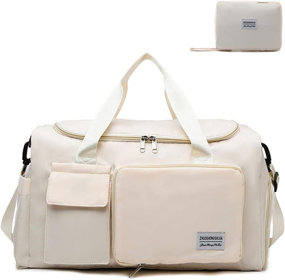 Multipurpose 20L Foldable Duffel Bag Gym Yoga Bag Carry-On Shopping Sack Travel Organizer Cabin Bag Sundry Package Wet&Dry Compartment (Beige)