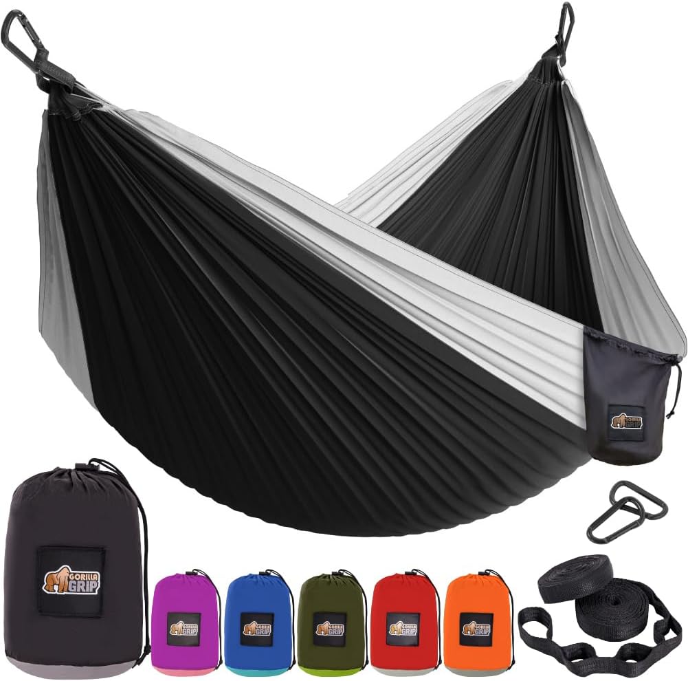 GORILLA GRIP Durable Portable Camping Hammock, Holds 500lbs with Heavy Duty Tree Straps, Comfortable Travel Swing, Camp Hammocks, Easy to Use and Install, Outdoor Essentials, Black, 10x6.5 FT