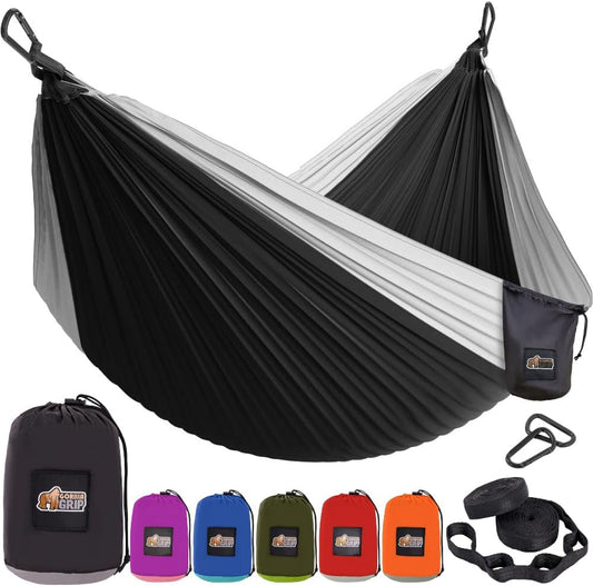 GORILLA GRIP Durable Portable Camping Hammock, Holds 500lbs with Heavy Duty Tree Straps, Comfortable Travel Swing, Camp Hammocks, Easy to Use and Install, Outdoor Essentials, Black, 10x6.5 FT