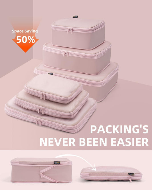 6 Set Compression Packing Cubes for Travel, Large Medium Small Luggage Organizers, Storage Bags for Clothes (6 Pack, Dusty Pink)