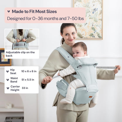 BabbleRoo Grow Carrier – 6-in-1 Baby Carrier with Hip Seat, Ergonomic, Cozy & Adjustable Toddler Carrier 7-50 lbs with Hip & Lumbar Support, Hood for Sun Protection, Newborn to Toddler, Seafoam