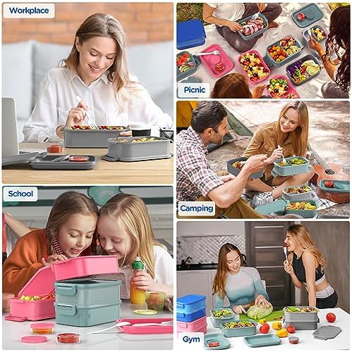 DaCool Bento Box Adults Lunch Container - 74 OZ Stackable Leakproof Bento Lunch Box for Adults Men Boys Teens Large Lunch Box Containers with Fork Spoon Sauce Boxes for Work School Dining Out, Blue