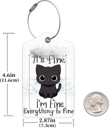 2 Pcs Luggage Tags for Suitcase, Cute Unique PU Leather Travel Bag Tag with Privacy Cover ID Label Address Card and Durable Metal Ring Suitable for Men Women Children Backpack,Cat Under A Dark Cloud