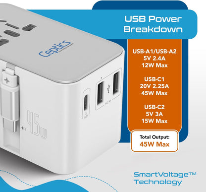 Ceptics 5 in 1 International Travel Adapter with PD 45W Retractable USB-C Cable 65cm, 2X USB-A 2.4A, 1x USB-C 3A, Travel Adapter Worldwide for Laptop, Phones and Cameras for US, EU, UK, UP-45WC-WH
