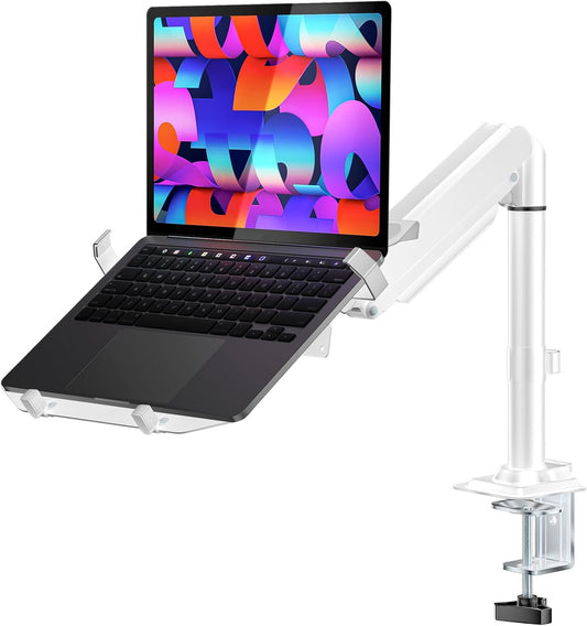 WALI Laptop Tray Desk Mount, Laptop Arm Mount Fits 10-15.6 Inch Notebook, 2-in-1 Gas Spring Monitor Arm for 17-32 Inch Computer Screen, Holds up to 22lbs(GSDM00LPW), White