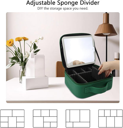 Travel Makeup Bag with LED Mirror Travel Makeup Organizer with 3 Lighted Settings, Adjustable Dividers and Makeup Brush Storage Bag Dark Green