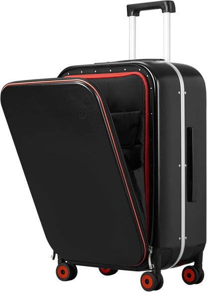 mixi Luggage Suitcase with Spinner Wheels, 24'' Checked Travel Luggage Aluminum Frame PC Hardside with TSA Lock & Cover - Black Hollow Wheel