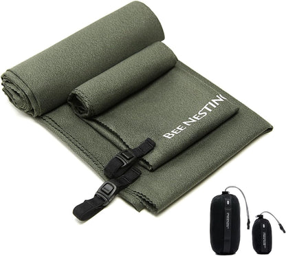 Ultralight Quick Dry Towels in XLarge & Small Sizes with Compact Packable Pocket Microfiber Towel for Backpacking Travel Beach Hiking Swimming Sports & Yoga (Olive drab 2 Set)