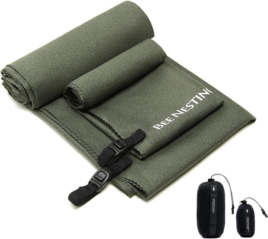 Ultralight Quick Dry Towels in XLarge & Small Sizes with Compact Packable Pocket Microfiber Towel for Backpacking Travel Beach Hiking Swimming Sports & Yoga (Olive drab 2 Set)
