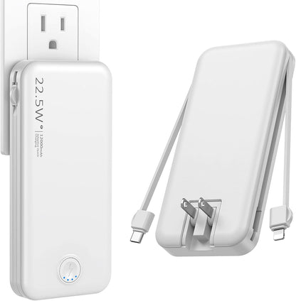 Portable Charger with Built in Cable and AC Wall Plug, USB C Power Bank 12000mAh 22.5W Super Fast Charging, Lightweight Portable Phone Charger Travel Battery Pack for iPhone, ect