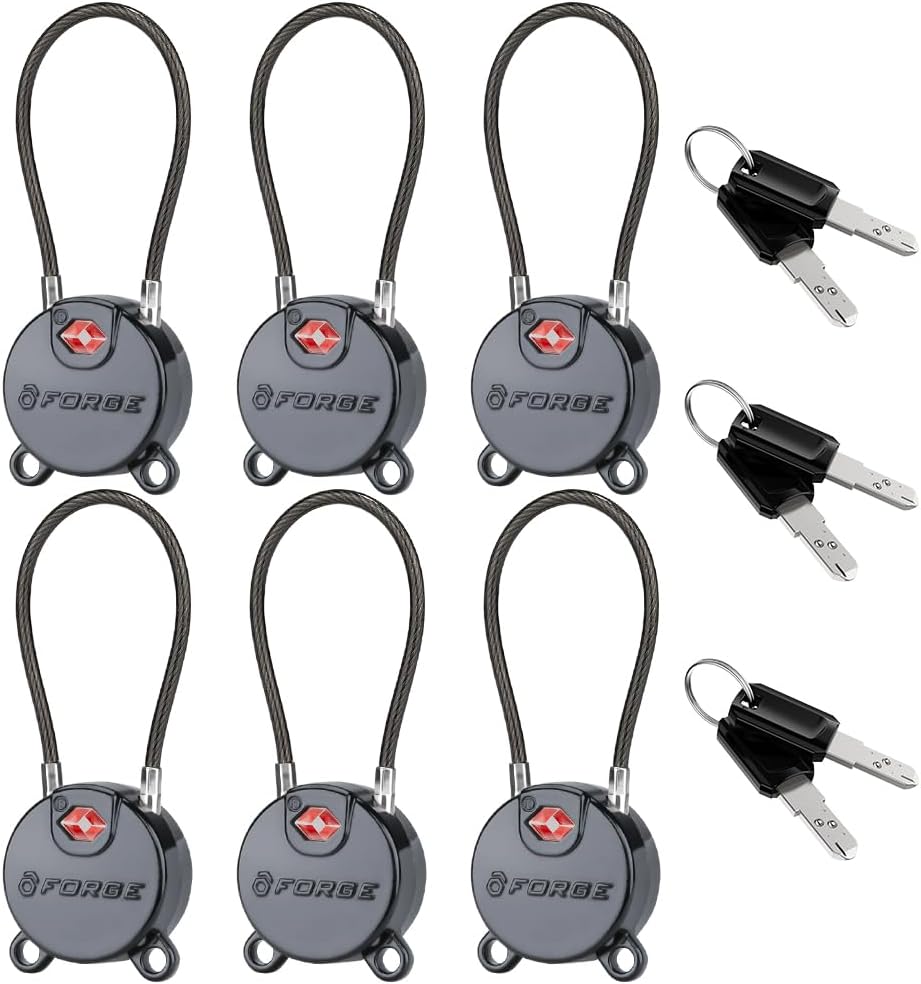 Forge TSA Approved Luggage Locks Ultra-Secure Dimple Key Cable Locks for Travel with Zinc Alloy Body- 6 Black Locks