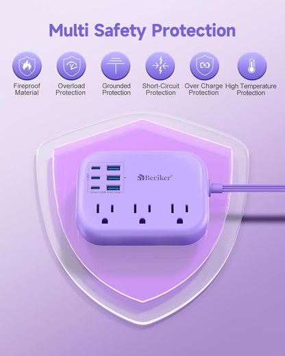 6 USB(3 USB C) Purple Travel Power Strip- 5Ft Purple Extension Cord with USB Charging Station 24W and 3 Outlets, Pink Desk Accessories for Cruise Travel Cute Kawaii Lavender Home Office Dorm Room