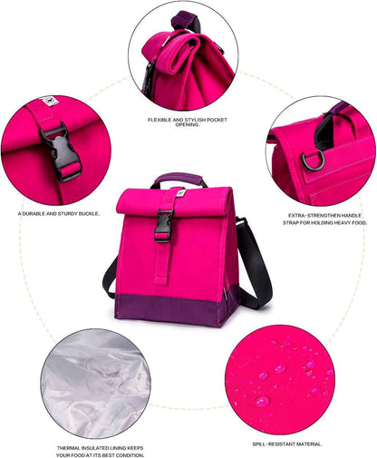 SUNNY BIRD Insulated Lunch Bag Rolltop Lunch Box Tote Lunchbox Bag for Women, Girls, Teens and Kids (Purple)