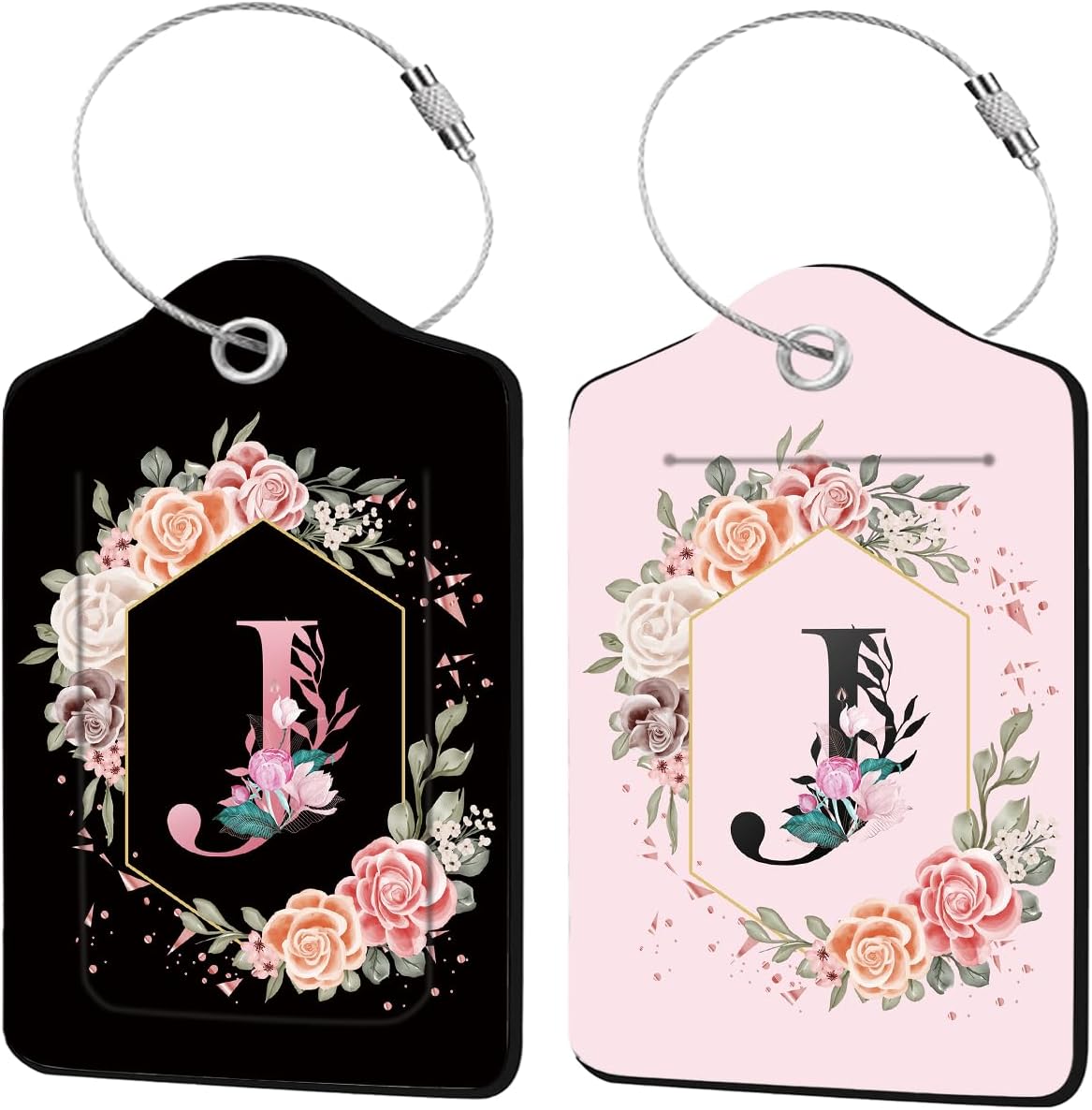2Pcs Letter J Luggage Tag for Women, Pink Leather Luggage Tags for Suitcases Waterproof, Name ID Labels with Privacy Cover Suitcases Bag Baggage Tags for Travel, Travel Accessory Luggage Tag