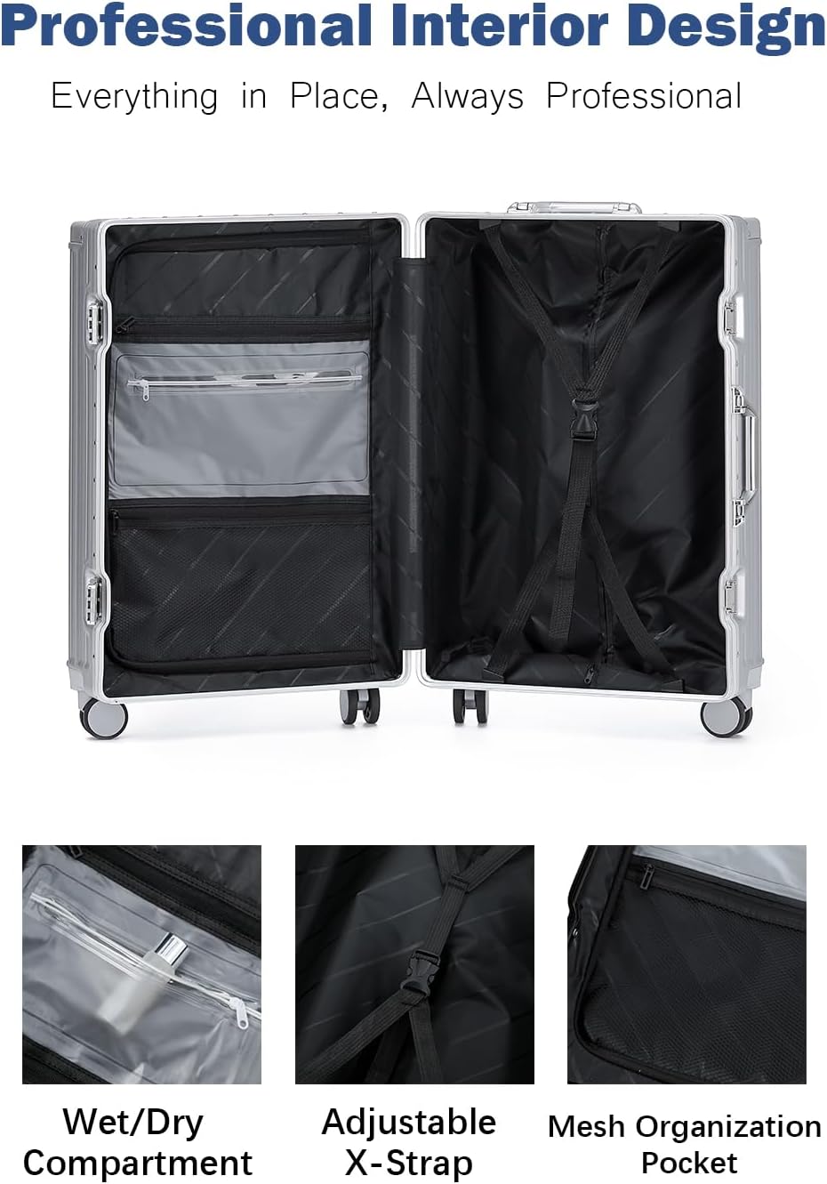 HotWay 26 Inch Aluminum Frame Luggage with Spinner Wheels, PC Hard Shell Suitcase with Cup Holder, Zipperless Luggage for Business Travel, Silver