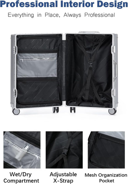 HotWay 20 Inch Aluminum Frame Carry On Luggage with Spinner Wheels, PC Hard Shell Suitcase with Cup Holder, Zipperless Luggage for Business Travel, Silver