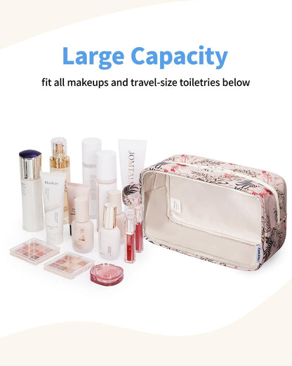 Narwey Clear Toiletry Bags for Traveling Women Men, Clear Travel Bags for Toiletries Makeup Bag Cosmetic Bag with Zipper, Make Up Organizer, Skincare Bag (Beige Flamingo)