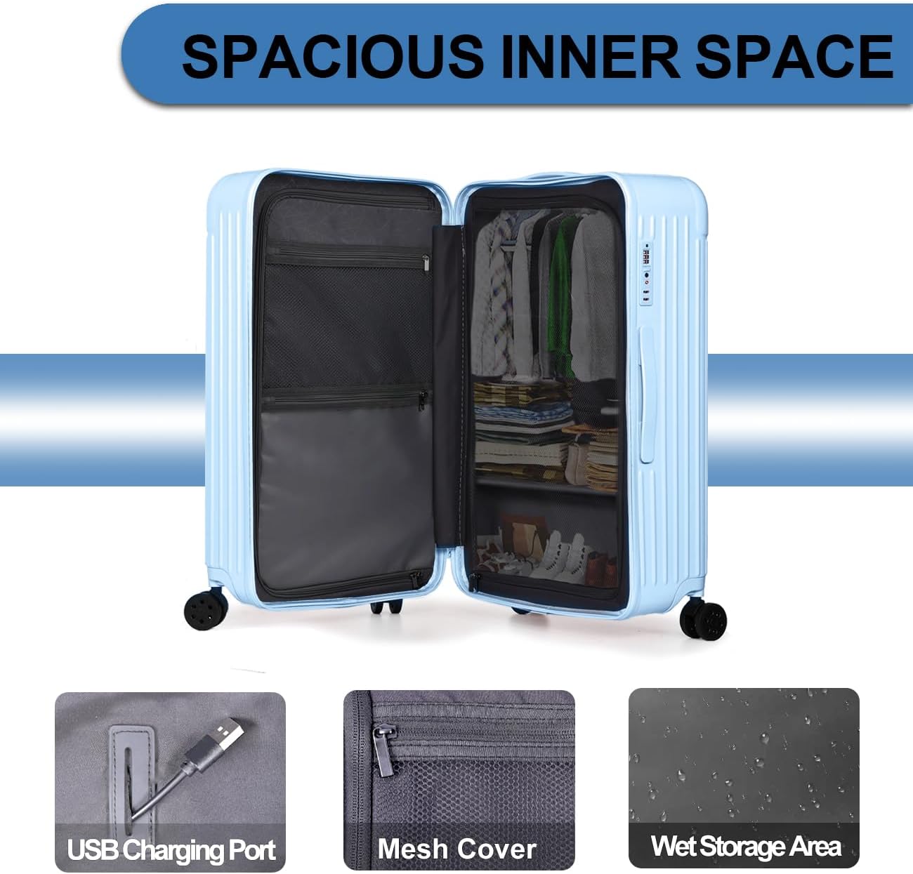 Krute Luggage with Spinner Double Wheels Suitcases with USB Port and Cup Holder TSA Lock PC+ABS Hardside Checked Luggage 28 Inch (LightBlue)