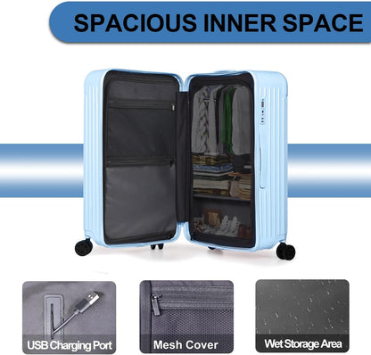 Krute Luggage with Spinner Double Wheels Suitcases with USB Port and Cup Holder TSA Lock PC+ABS Hardside Checked Luggage 28 Inch (LightBlue)