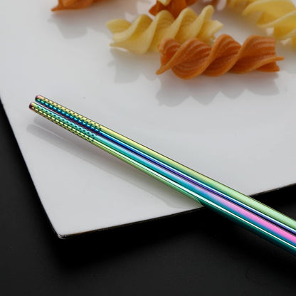 DEVICO Camping Utensils, Portable Travel Utensils with Case, Stainless Steel Reusable Silverware for Lunch Adult, 5Pcs Cutlery Set Includes Knife Spoon Fork Chopsticks and Case (Rainbow)