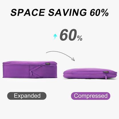 5 Set Compression Packing Cubes for Travel, Space Saving Luggage Organizer Bags (Bright Purple)