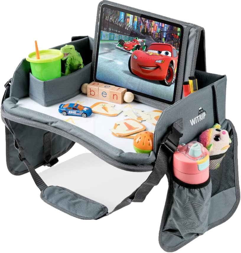 Kids Travel Tray with Dry Erase Board - Car Seat Tray for Kids Travel, Carseat Table Top for Toddler, Lap Desk for Car Seat, Activity Organizer & Snack Holder, Road Trip Essentials for Kid (Gray)