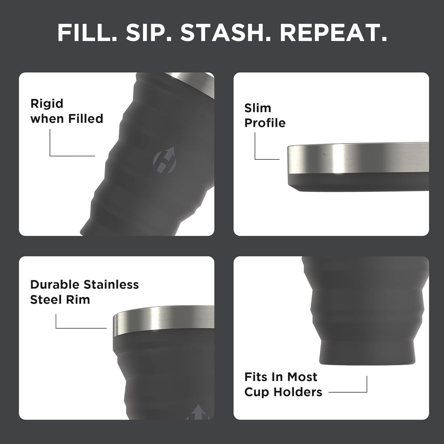 HYDAWAY 16oz Collapsible Pint - BPA-Free Silicone Cup with Stainless Steel Rim - Reusable, Packable, and Durable for Camping, Travel & Everyday Use