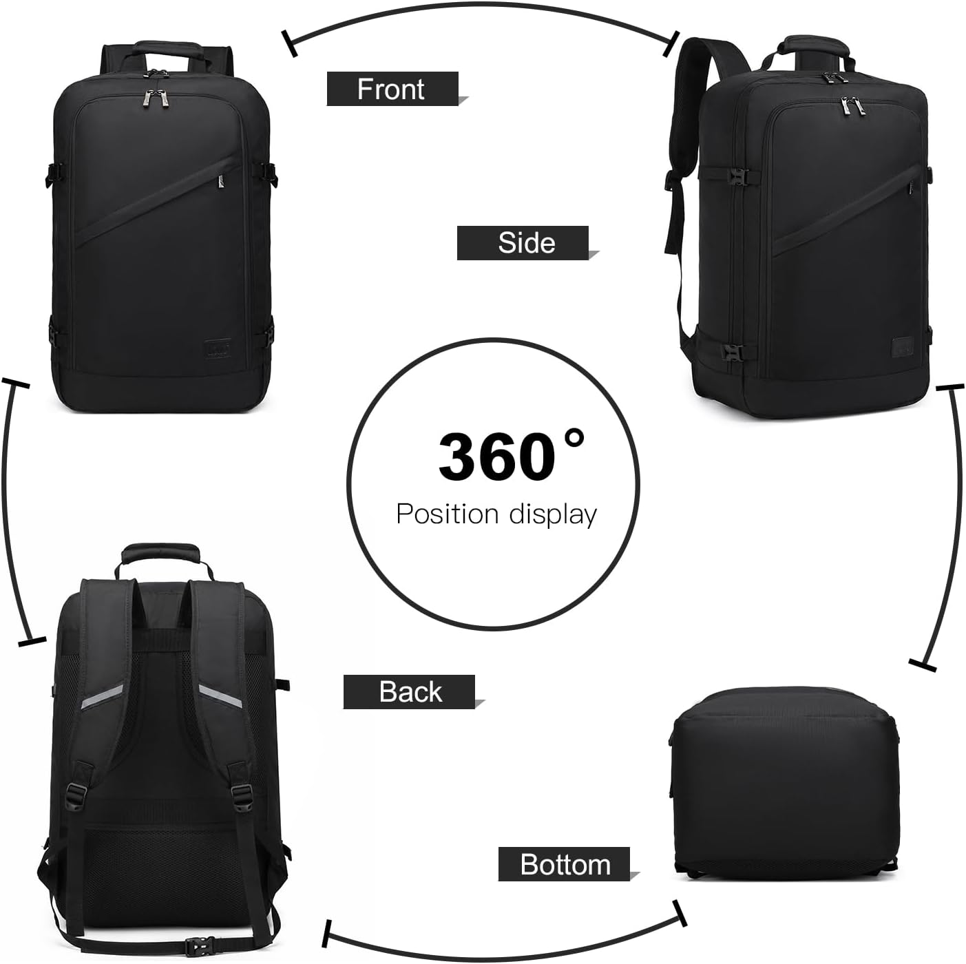 Kono Carry on Backpack, 22" Airplane Approved Travel Backpack for Men and Women, Waterproof Lightweight Daypack for Flight 40L (Black, Large)