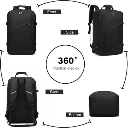 Kono Carry on Backpack, 22" Airplane Approved Travel Backpack for Men and Women, Waterproof Lightweight Daypack for Flight 40L (Black, Large)