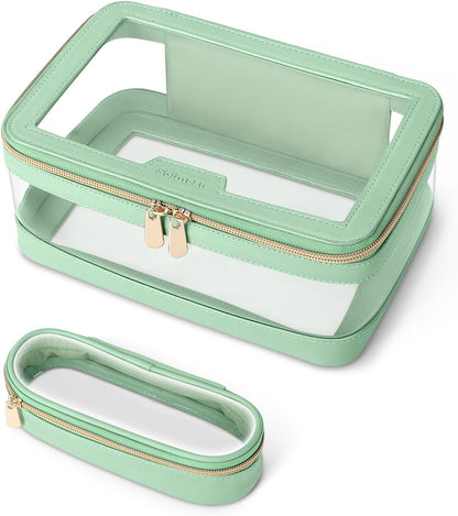 Travel Clear Makeup Bag with Makeup Brush Bag, Leather Makeup Case Toiletry Bag, Portable Cosmetic Bag Case, Transparent Waterproof Cosmetic Organizer Storage Bag for Women, Mint Green