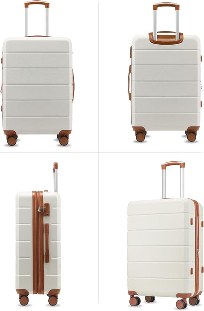 24 Inch Luggage with Spinner Wheels, Expandable Hardside Medium Checked Suitcase, White Brown