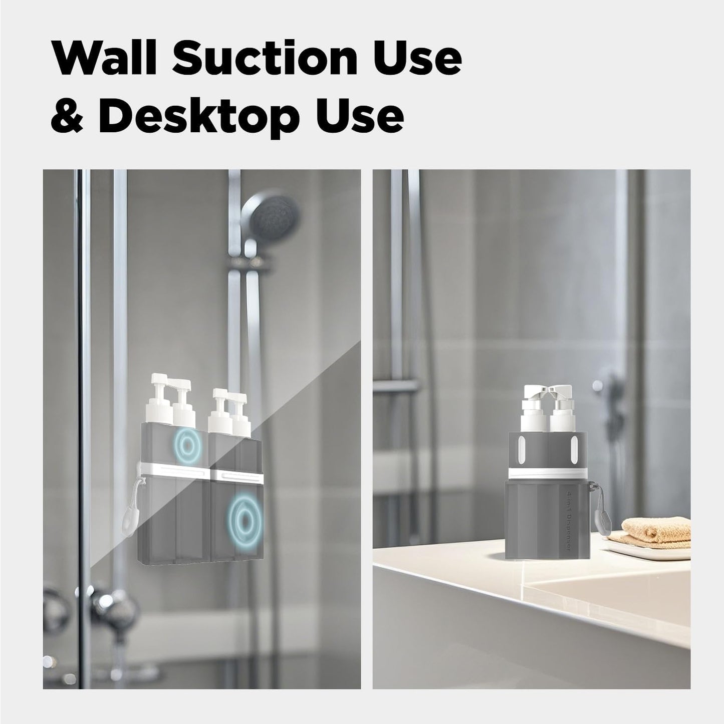 4 in 1 Travel Toiletry Containers,TSA Approved Refillable Travel Size Toiletries Bottles Set with Suction Cup for Smooth Walls - for Shampoo,Conditioner,Body Wash,Lotion.(Grey)