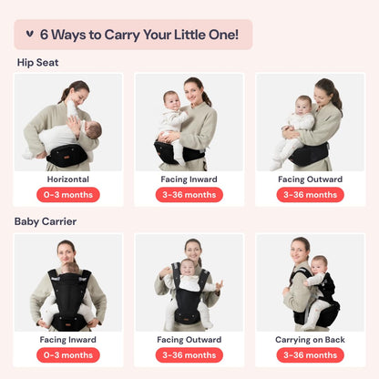 BabbleRoo Grow Carrier – 6-in-1 Baby Carrier with Hip Seat, Ergonomic, Cozy & Adjustable Toddler Carrier 7-50 lbs with Hip & Lumbar Support, Hood for Sun Protection, Newborn to Toddler, Black