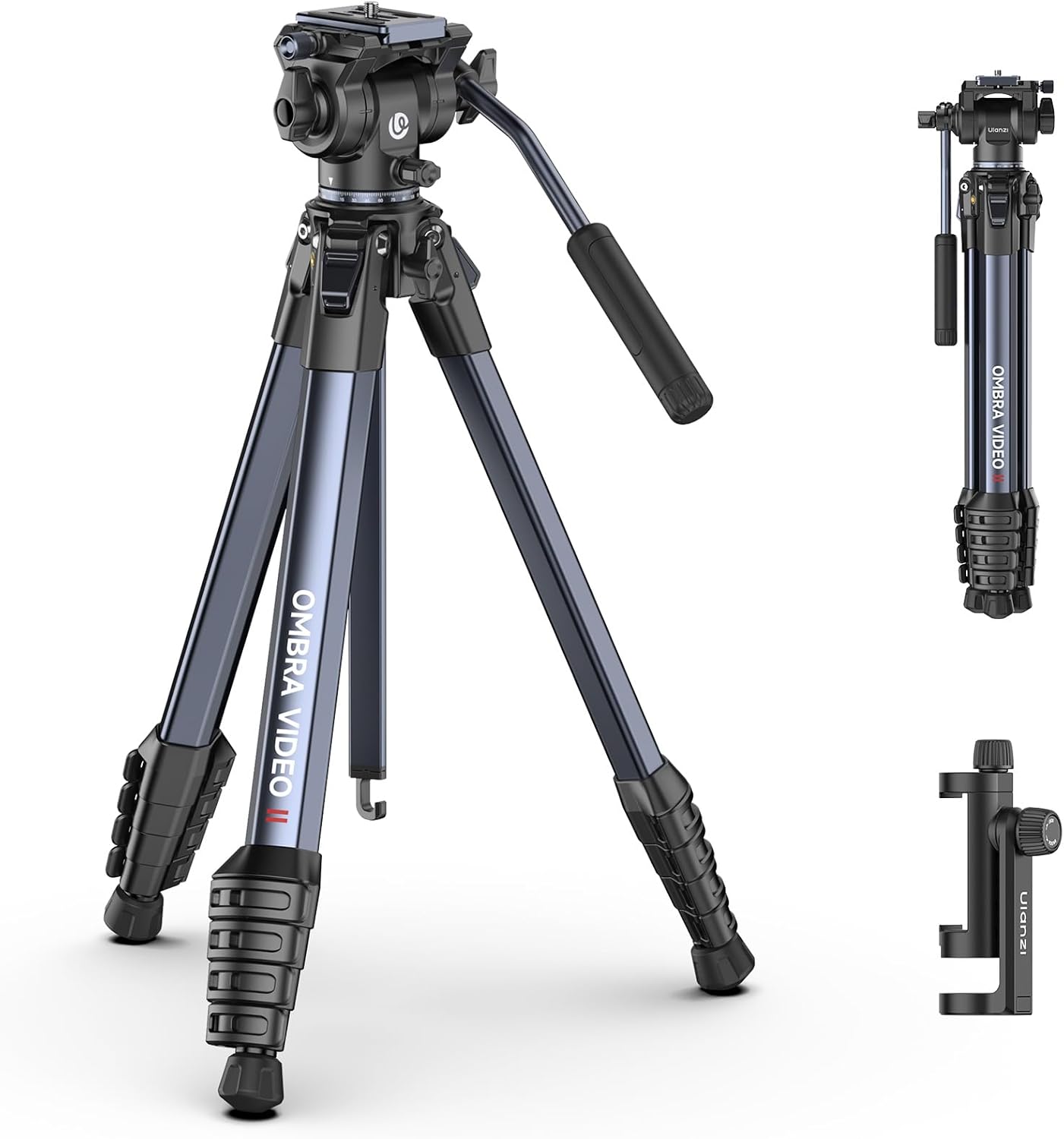 ULANZI Ombra Video Ⅱ Camera Tripod with Fluid Head, 61.5" Travel Tripod with 360° Rotated Arca Quick Release Plate, Portable Stand for Phone Camera Vlogging Video Shooting with Carry Bag Phone Clamp