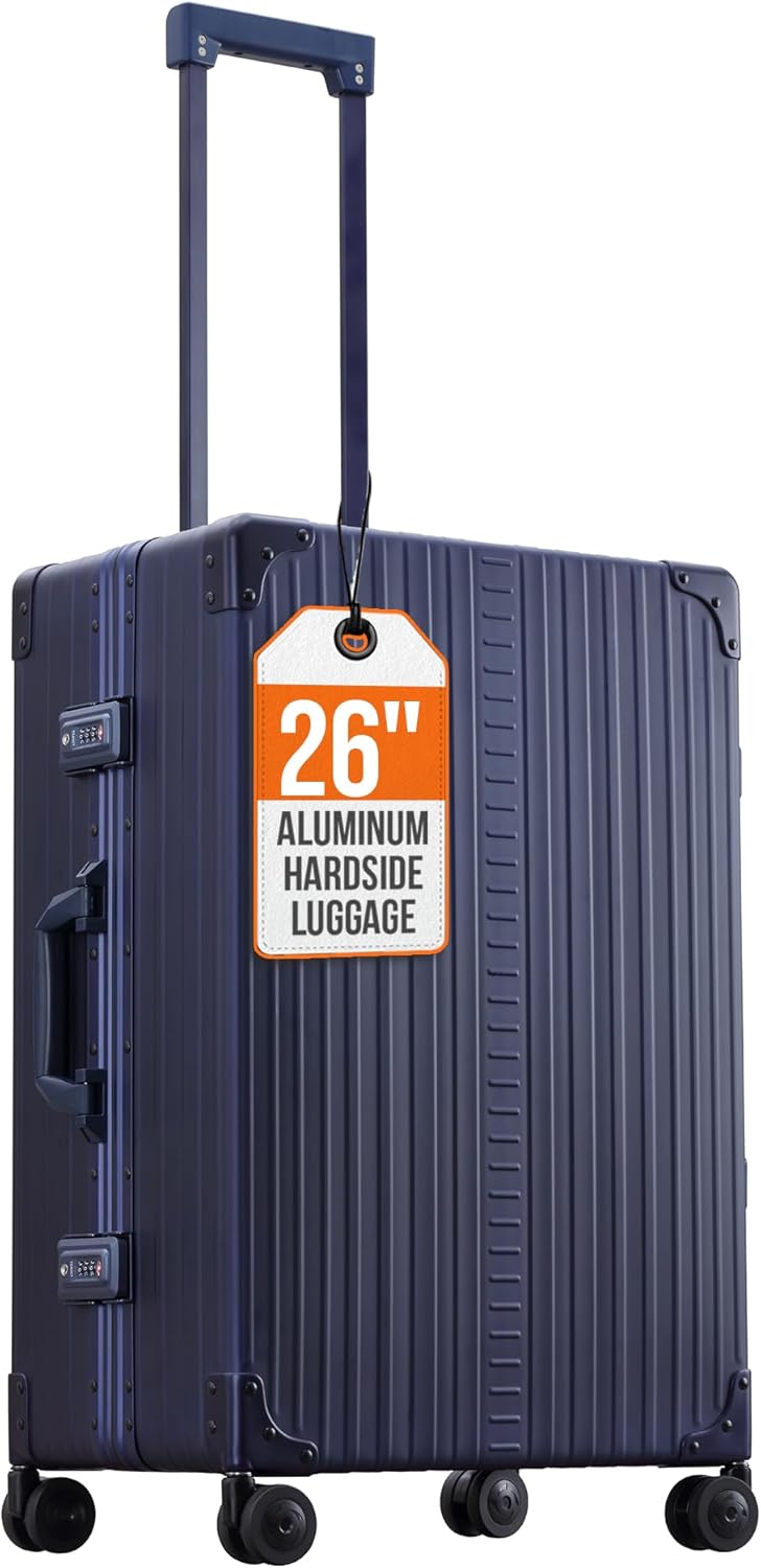 Aleon All Aluminum Lightweight 26" Carry-On Luggage - Hardside Carry-On Suitcase, TSA Approved, Hard Shell Suitcase for Travel, Airline Approved Hard Spinner Wheels Luggage (Sapphire)
