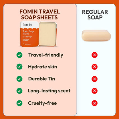 FOMIN - Antibacterial Paper Soap Sheets Tin for Traveling - (300 Sheets) Orange - Portable Travel Hand Soap Sheets, Dissolvable Mini Camping Hand Soap for Hand Washing