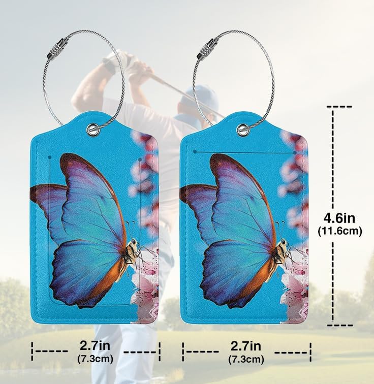 2 Pack Luggage Tags for suitcases Blue Funny Cute Butterfly Luggage Tag, Leather Stainless Steel Loop Label Tag for Men Women Travel Bag Suitcase(Butterfly)