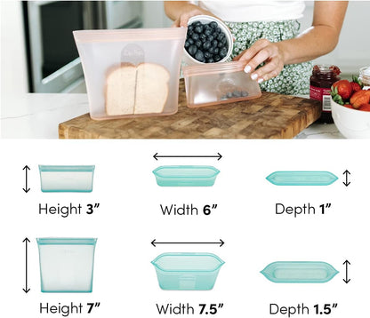 Zip Top Reusable Food Storage Bags | 2 Bag Set [Teal] | Silicone Meal Prep Container | Microwave, Dishwasher and Freezer Safe | Made in the USA