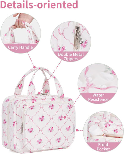 Narwey Hanging Toiletry Bag for Women Travel Makeup Bag Organizer Toiletries Bag for Travel Size Essentials Accessories Cosmetics (Bowknot and Flower (Medium))
