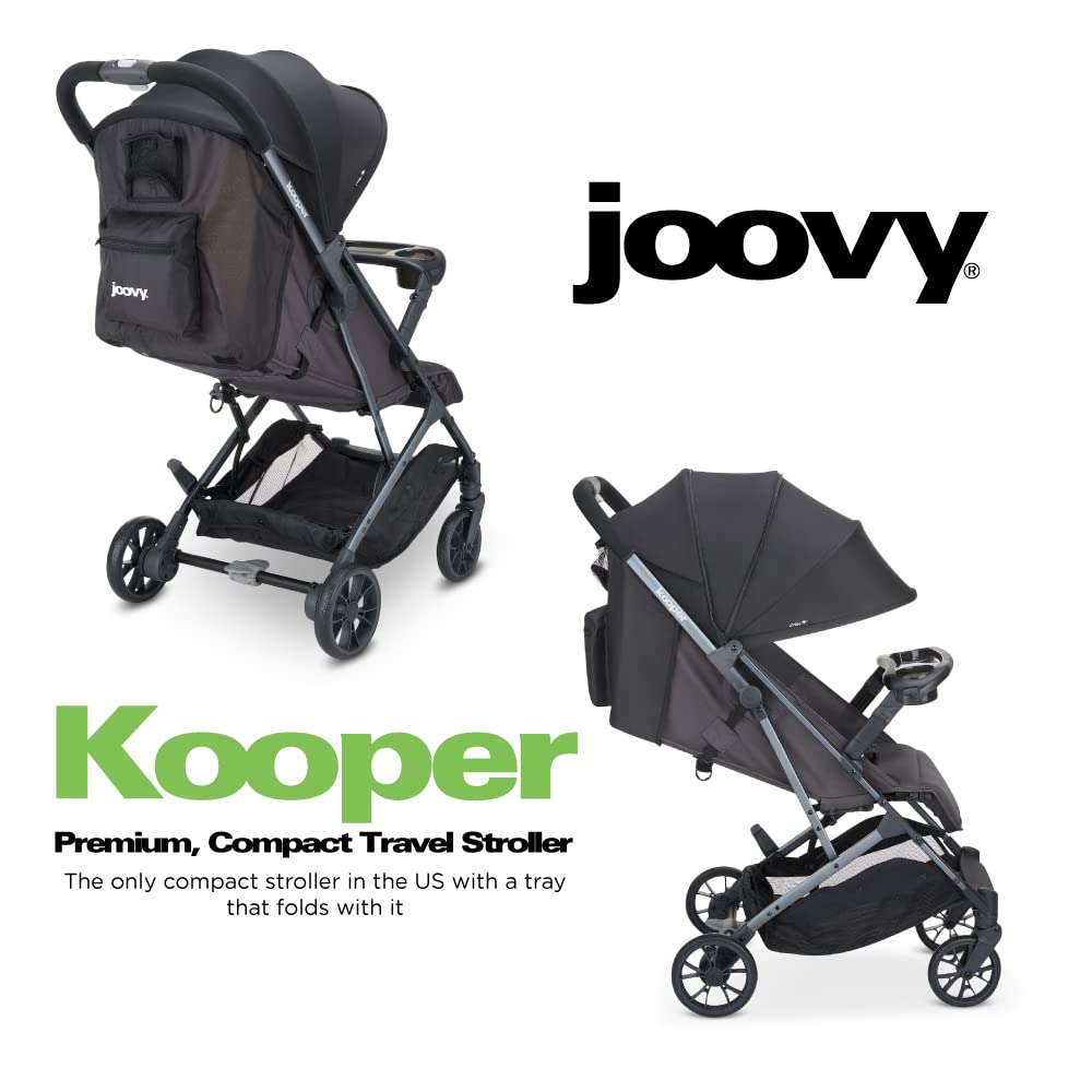 Joovy Kooper Lightweight Baby Stroller Featuring Removable, Swing-Open Tray, Big Wheels, Reclining Seat with Footrest, Extra-Large Retractable Canopy, and Compact Fold (Forged Iron)