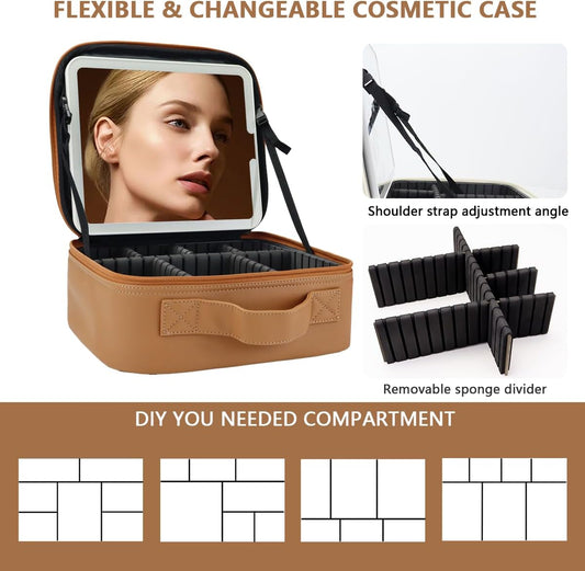 Travel Makeup Bag for Women and Makeup Artists Cosmetic Organizer Large Makeup Case,Travel Makeup Bag with Mirror 3 Color Setting,Portable Storage and Adjustable Dividers(brown)