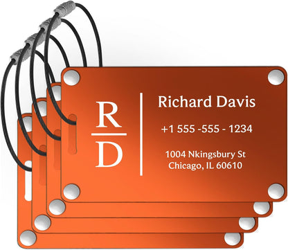 Luggage Tags for Suitcases 4 Pack: Personalized Luggage Tags for Backpacks & Bags Tags with Coustomizable Texts (Orange)
