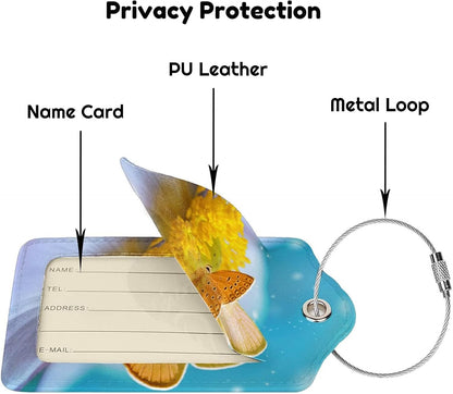 2 Pack Beautiful Sky Blue Luggage Tags for Suitcases, Pretty Yellow Butterfly on White Flower Pattern Unique Leather Suitcase Tags Identifiers with Privacy Name Address Labels for Women Girls Travel