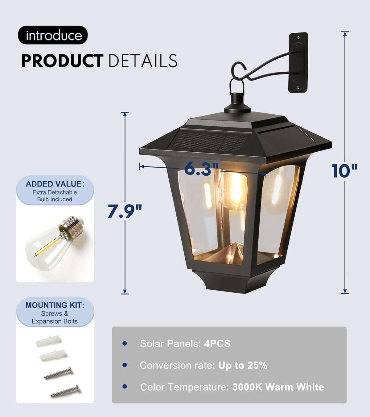 PASAMIC 2 Pack Solar Wall Lights with Replaceable Bulb, IP65 Waterproof Outdoor Sconce, 4 Solar Panels, 3000K Warm White, Automatic Dusk to Dawn Lighting for Porch, Garden, Patio, Garage, Fence