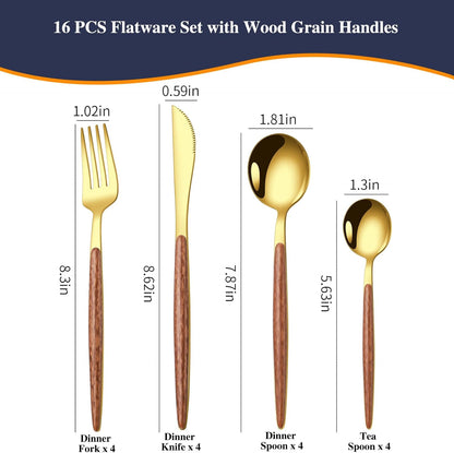 16 Pcs Gold Silverware Set with Simulated Wooden Handle for 4,Stainless Steel Cutlery Set,Mirror Polished Tableware Utensils Flatware Set,Include Knives Spoons and Forks set,Dishwasher Safe