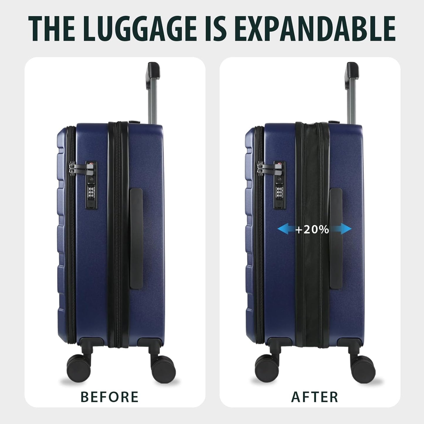 KROSER Carry On Luggage with Spinner Wheels & Built-in TSA Lock, Expandable Top Loading Hard Shell Suitcase Large Capacity Durable Rolling Luggage with USB Port, Carry-On 20-Inch, Navy